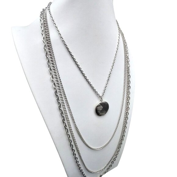 Vintage Layered Silver-Tone Triple Strand Locket Necklace 18" Chain & 1" Pendant - Picture 2 of 7